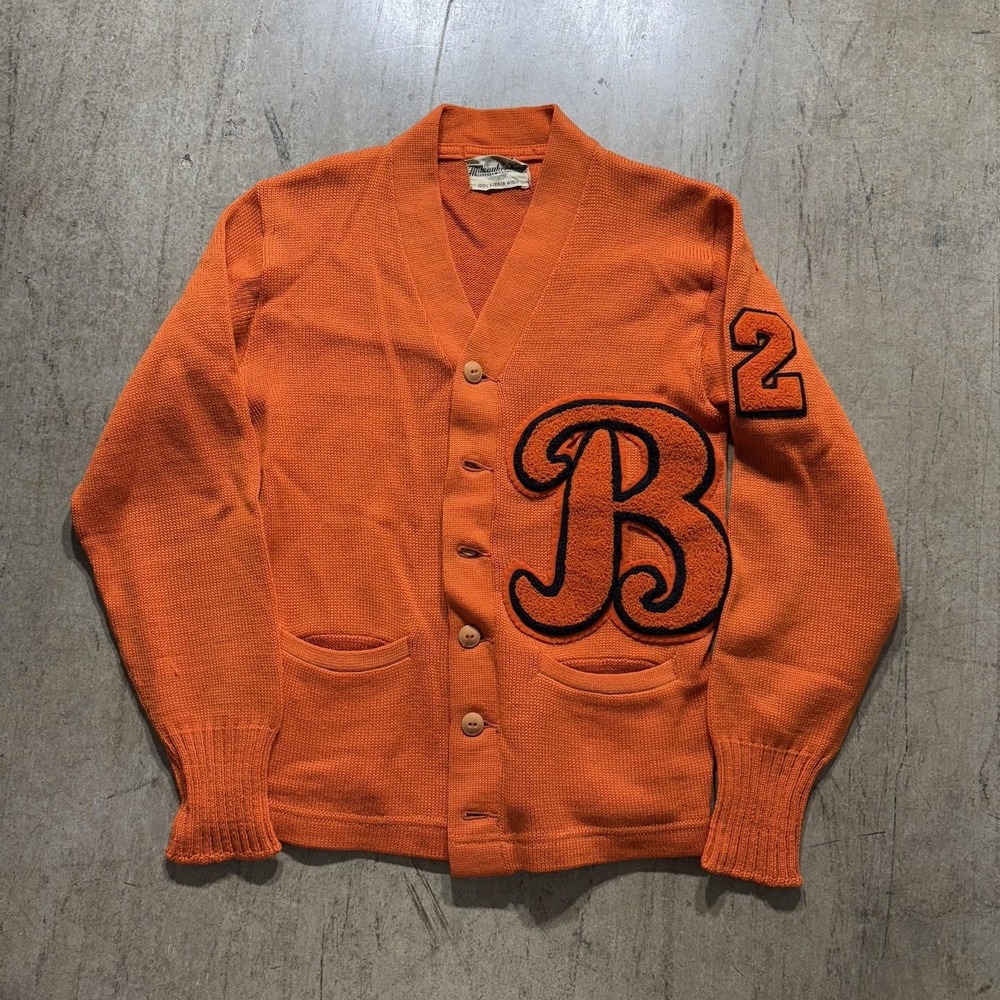 Vintage Milwaukee Knit Sweater Mens Small Orange Cardigan Letterman B Varsity